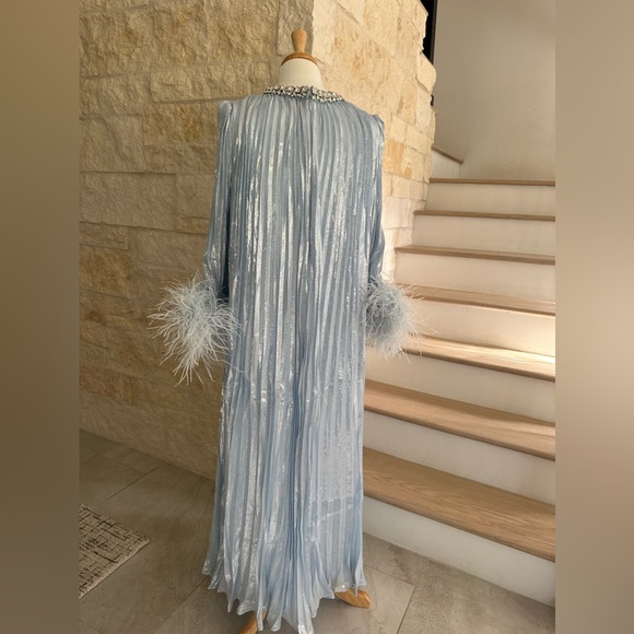 Self Portrait Blue Metallic Chiffon Feather Midi Dress - Picture 12 of 17